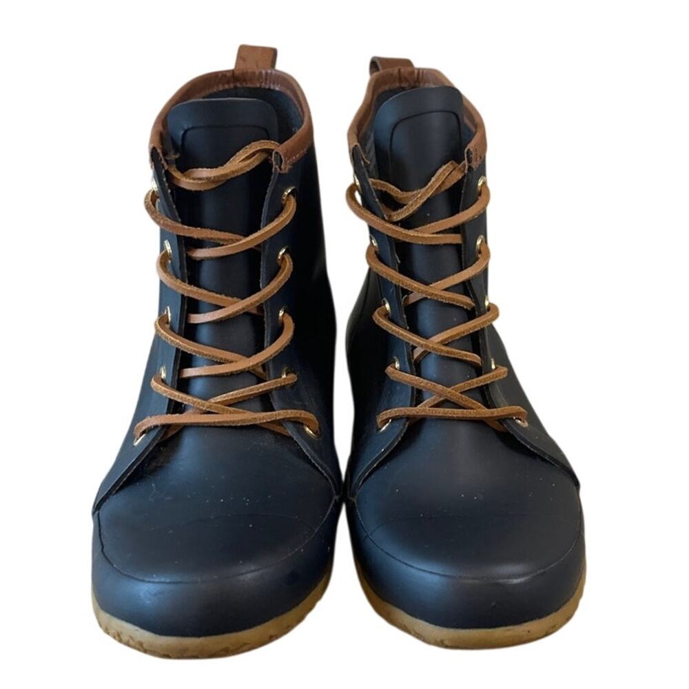 Tory Burch Lace Up Rain Boots Navy Rubber Short Boot 9 - Picture 2 of 15